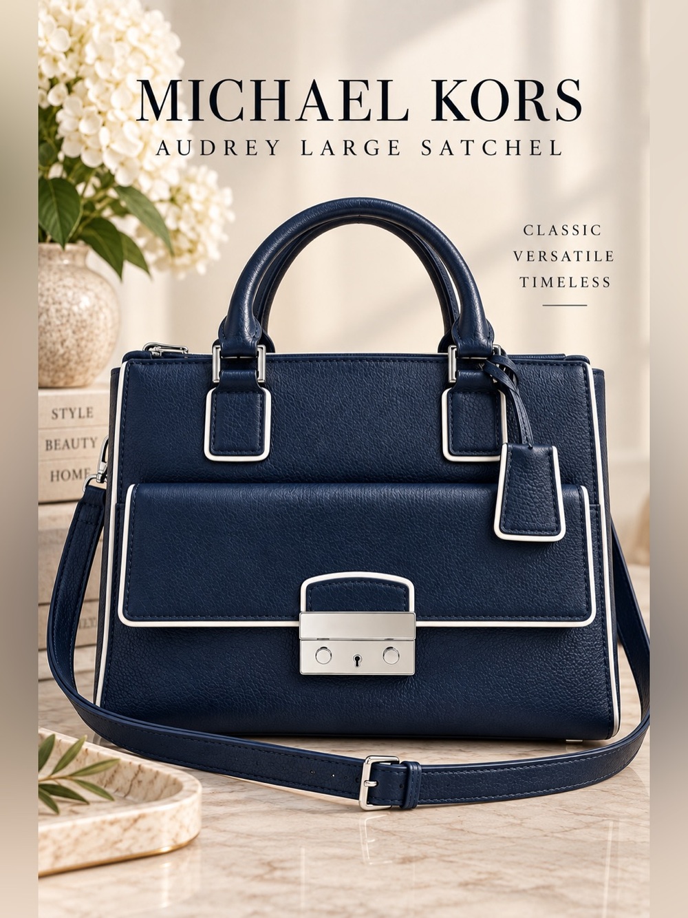 Michael Kors Audrey Large Navy Pebbled Leather Satchel Shoulder Bag